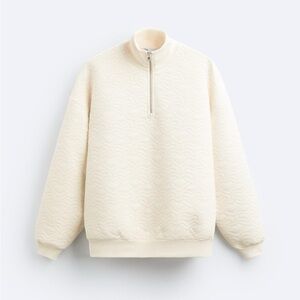 New Zara Men Sweetheart Hearts Sweatshirt 1/4 Zipped Sweater Top S Ecru